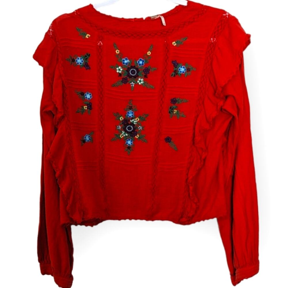 Free People Amy High Neck Embroidery Ruffle Shoulder Long Sleeve Blouse Medium